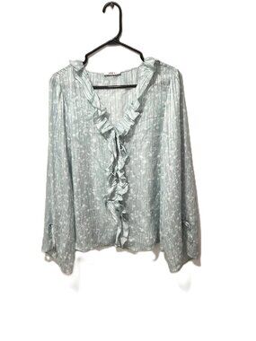 Suzy Shier Mint Green SemiSheer Blouse Ruffle Front Metallic Stripes Boho Romanc